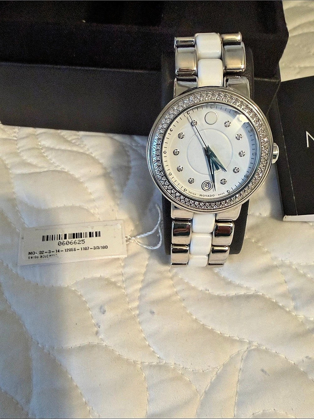 Movado Cerena White Ceramic and Stainless Steel Diamond Watch 0606625 Silver &